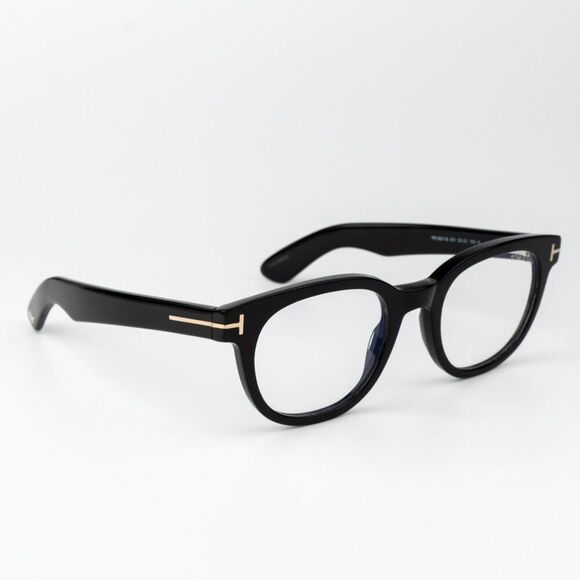 Tom Ford Men Eyeglasses Shiny Black Clear Blue Light Block Round FT5807-B/O 001 - Picture 1 of 8